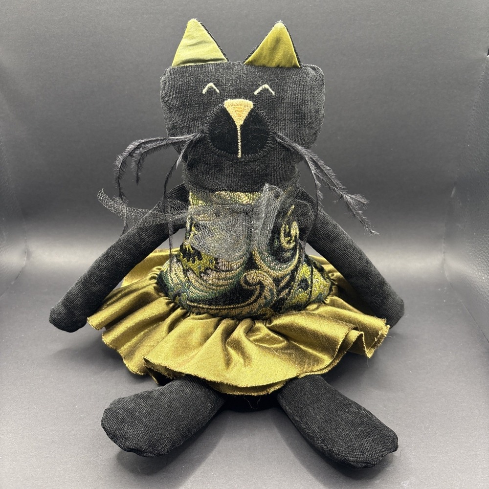 Vintage 2013 Woof & Poof Halloween Black Cat Shelf Sitter Doll Plush Gold Dress